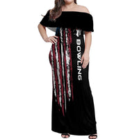 Distressed American Flag Off Shoulder Maxi Dress with Bowling Pins and Ball Vertical Stripe Design - Wonder Print Shop