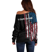 Distressed American Flag Off Shoulder Sweater with Bowling Pins and Ball Vertical Stripe Design - Wonder Print Shop