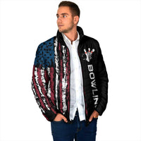 Distressed American Flag Padded Jacket with Bowling Pins and Ball Vertical Stripe Design - Wonder Print Shop