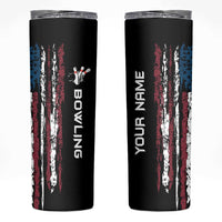 Distressed American Flag Skinny Tumbler with Bowling Pins and Ball Vertical Stripe Design - Wonder Print Shop