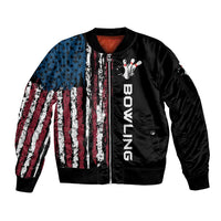 Distressed American Flag Sleeve Zip Bomber Jacket with Bowling Pins and Ball Vertical Stripe Design - Wonder Print Shop