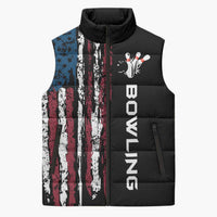 Distressed American Flag Sleeveless Puffer Jacket with Bowling Pins and Ball Vertical Stripe Design - Wonder Print Shop