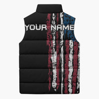 Distressed American Flag Sleeveless Puffer Jacket with Bowling Pins and Ball Vertical Stripe Design - Wonder Print Shop