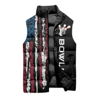 Distressed American Flag Sleeveless Puffer Jacket with Bowling Pins and Ball Vertical Stripe Design - Wonder Print Shop