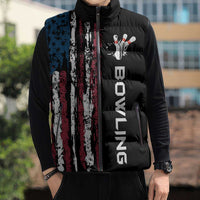 Distressed American Flag Sleeveless Puffer Jacket with Bowling Pins and Ball Vertical Stripe Design - Wonder Print Shop