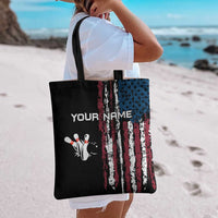 Distressed American Flag Tote Bag with Bowling Pins and Ball Vertical Stripe Design - Wonder Print Shop