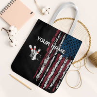 Distressed American Flag Tote Bag with Bowling Pins and Ball Vertical Stripe Design - Wonder Print Shop