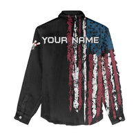 Distressed American Flag Women Casual Shirt with Bowling Pins and Ball Vertical Stripe Design - Wonder Print Shop