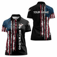 Distressed American Flag Women Polo Shirt with Bowling Pins and Ball Vertical Stripe Design - Wonder Print Shop