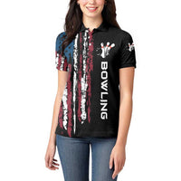 Distressed American Flag Women Polo Shirt with Bowling Pins and Ball Vertical Stripe Design - Wonder Print Shop