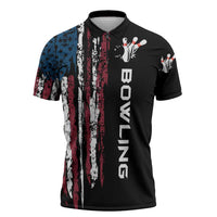 Distressed American Flag Zipper Polo Shirt with Bowling Pins and Ball Vertical Stripe Design - Wonder Print Shop