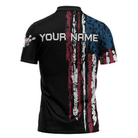 Distressed American Flag Zipper Polo Shirt with Bowling Pins and Ball Vertical Stripe Design - Wonder Print Shop