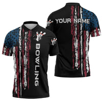 Distressed American Flag Zipper Polo Shirt with Bowling Pins and Ball Vertical Stripe Design - Wonder Print Shop