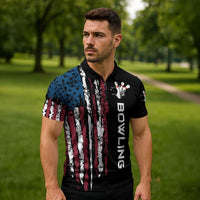 Distressed American Flag Zipper Polo Shirt with Bowling Pins and Ball Vertical Stripe Design - Wonder Print Shop