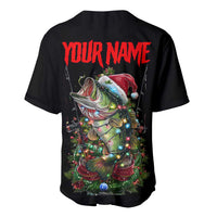Custom Christmas Bass Fishing Baseball Jersey Santa Hat and Holiday Lights on Black Background - Wonder Print Shop