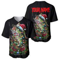 Custom Christmas Bass Fishing Baseball Jersey Santa Hat and Holiday Lights on Black Background - Wonder Print Shop