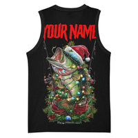 Custom Christmas Bass Fishing Basketball Jersey Santa Hat and Holiday Lights on Black Background - Wonder Print Shop