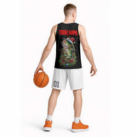 Custom Christmas Bass Fishing Basketball Jersey Santa Hat and Holiday Lights on Black Background - Wonder Print Shop