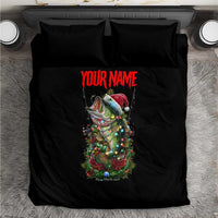Custom Christmas Bass Fishing Bedding Set Santa Hat and Holiday Lights on Black Background - Wonder Print Shop