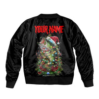 Custom Christmas Bass Fishing Bomber Jacket Santa Hat and Holiday Lights on Black Background - Wonder Print Shop