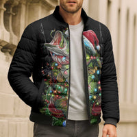 Custom Christmas Bass Fishing Bomber Puffer Jacket Santa Hat and Holiday Lights on Black Background - Wonder Print Shop