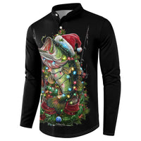 Custom Christmas Bass Fishing Button Sweatshirt Santa Hat and Holiday Lights on Black Background - Wonder Print Shop