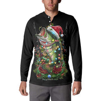 Custom Christmas Bass Fishing Button Sweatshirt Santa Hat and Holiday Lights on Black Background - Wonder Print Shop