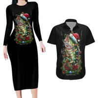 Custom Christmas Bass Fishing Couples Matching Long Sleeve Bodycon Dress and Hawaiian Shirt Santa Hat and Holiday Lights on Black Background - Wonder Print Shop