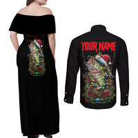 Custom Christmas Bass Fishing Couples Matching Off Shoulder Maxi Dress and Long Sleeve Button Shirt Santa Hat and Holiday Lights on Black Background - Wonder Print Shop
