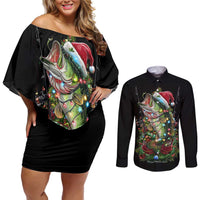 Custom Christmas Bass Fishing Couples Matching Off Shoulder Short Dress and Long Sleeve Button Shirt Santa Hat and Holiday Lights on Black Background - Wonder Print Shop