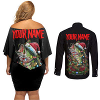 Custom Christmas Bass Fishing Couples Matching Off Shoulder Short Dress and Long Sleeve Button Shirt Santa Hat and Holiday Lights on Black Background - Wonder Print Shop