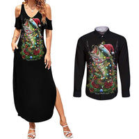 Custom Christmas Bass Fishing Couples Matching Summer Maxi Dress and Long Sleeve Button Shirt Santa Hat and Holiday Lights on Black Background - Wonder Print Shop