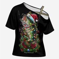 Custom Christmas Bass Fishing Cross Shoulder Shirt Santa Hat and Holiday Lights on Black Background - Wonder Print Shop