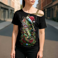Custom Christmas Bass Fishing Cross Shoulder Shirt Santa Hat and Holiday Lights on Black Background - Wonder Print Shop