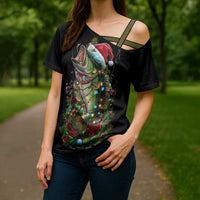 Custom Christmas Bass Fishing Cross Shoulder Shirt Santa Hat and Holiday Lights on Black Background - Wonder Print Shop