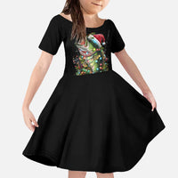 Custom Christmas Bass Fishing Family Matching Off The Shoulder Long Sleeve Dress and Hawaiian Shirt Santa Hat and Holiday Lights on Black Background - Wonder Print Shop
