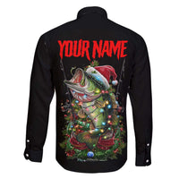 Custom Christmas Bass Fishing Family Matching Off The Shoulder Long Sleeve Dress and Hawaiian Shirt Santa Hat and Holiday Lights on Black Background - Wonder Print Shop