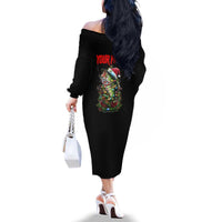 Custom Christmas Bass Fishing Family Matching Off The Shoulder Long Sleeve Dress and Hawaiian Shirt Santa Hat and Holiday Lights on Black Background - Wonder Print Shop