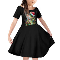 Custom Christmas Bass Fishing Family Matching Off Shoulder Short Dress and Hawaiian Shirt Santa Hat and Holiday Lights on Black Background - Wonder Print Shop