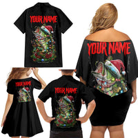Custom Christmas Bass Fishing Family Matching Off Shoulder Short Dress and Hawaiian Shirt Santa Hat and Holiday Lights on Black Background - Wonder Print Shop