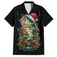Custom Christmas Bass Fishing Family Matching Puletasi and Hawaiian Shirt Santa Hat and Holiday Lights on Black Background - Wonder Print Shop