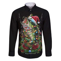 Custom Christmas Bass Fishing Family Matching Puletasi and Hawaiian Shirt Santa Hat and Holiday Lights on Black Background - Wonder Print Shop