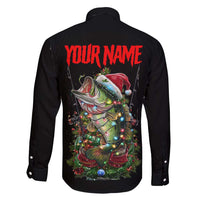 Custom Christmas Bass Fishing Family Matching Puletasi and Hawaiian Shirt Santa Hat and Holiday Lights on Black Background - Wonder Print Shop