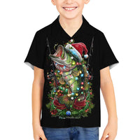 Custom Christmas Bass Fishing Family Matching Puletasi and Hawaiian Shirt Santa Hat and Holiday Lights on Black Background - Wonder Print Shop