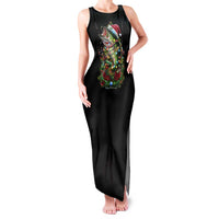 Custom Christmas Bass Fishing Family Matching Tank Maxi Dress and Hawaiian Shirt Santa Hat and Holiday Lights on Black Background - Wonder Print Shop