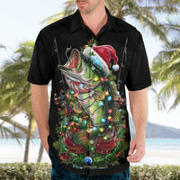 Custom Christmas Bass Fishing Hawaiian Shirt Santa Hat and Holiday Lights on Black Background - Wonder Print Shop