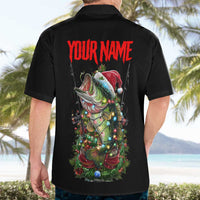 Custom Christmas Bass Fishing Hawaiian Shirt Santa Hat and Holiday Lights on Black Background - Wonder Print Shop