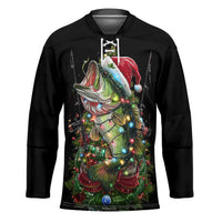 Custom Christmas Bass Fishing Hockey Jersey Santa Hat and Holiday Lights on Black Background - Wonder Print Shop