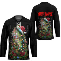 Custom Christmas Bass Fishing Hockey Jersey Santa Hat and Holiday Lights on Black Background - Wonder Print Shop