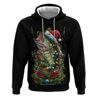 Custom Christmas Bass Fishing Hoodie Santa Hat and Holiday Lights on Black Background - Wonder Print Shop